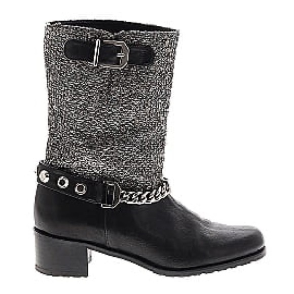STUART WEITZMAN CITYLINK MOTO BOOTS LEATHER TWEED CHAINS...